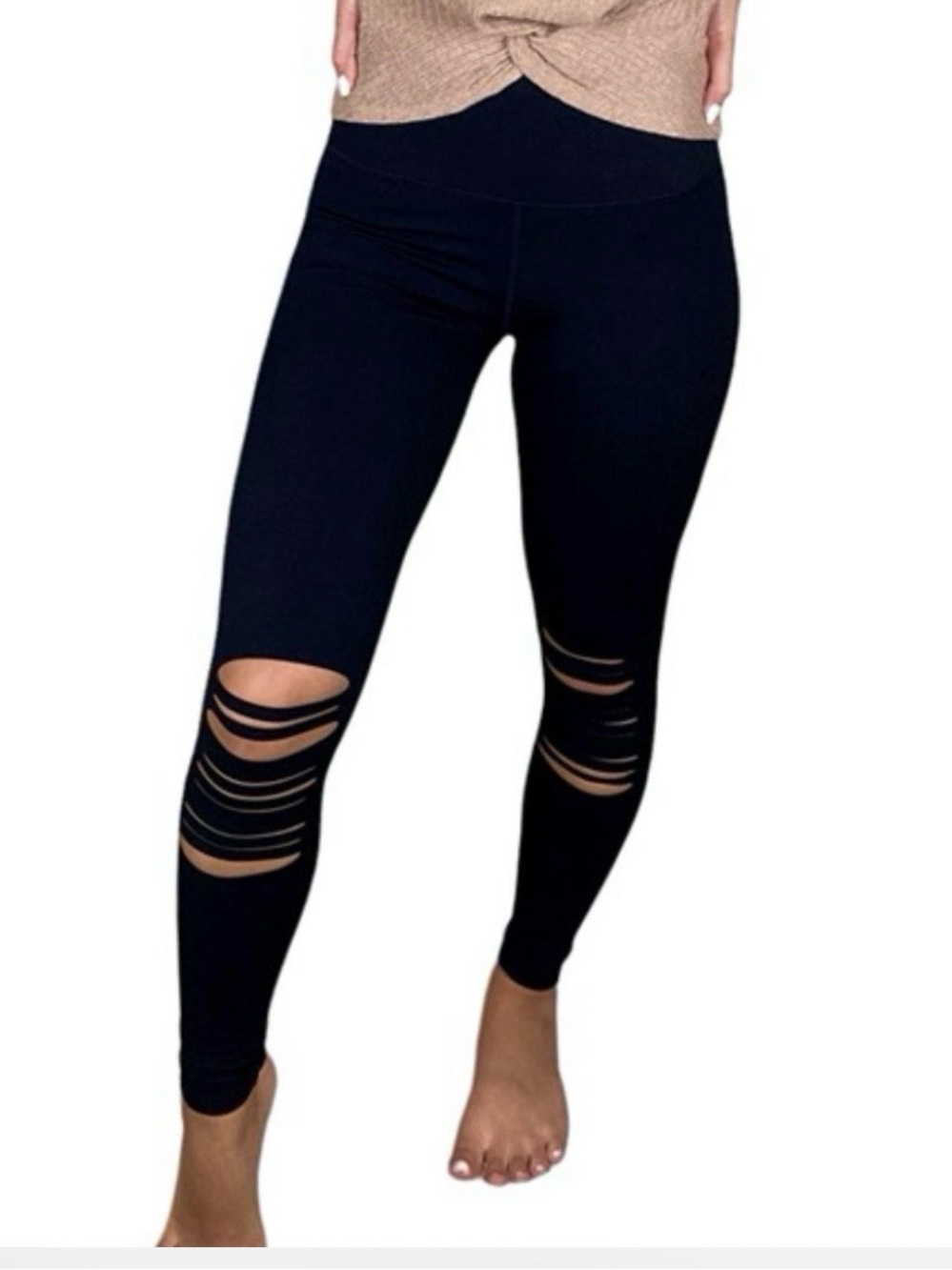 Mono B Black High-Waist Ripped Knee Leggings